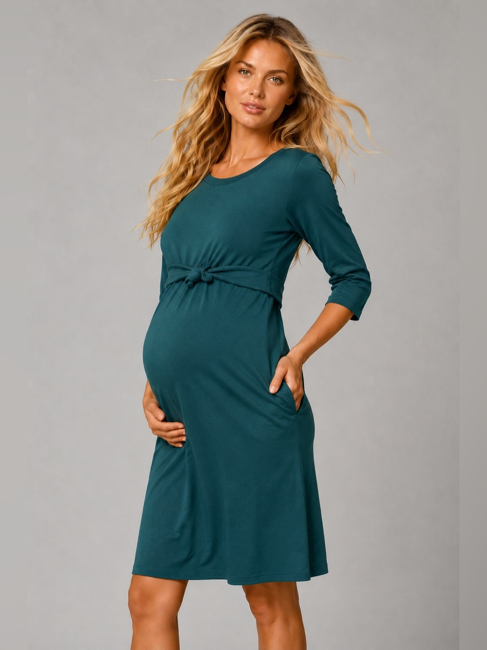 Angel Maternity Teal Ribbed Tie Waist Midi Dress Soft Quiet Luxury Pregnancy XL